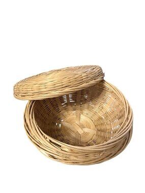 VTG Woven Wicker Rattan Basket with Lid 5 Inch x 2.25 Inch Storage Decorative